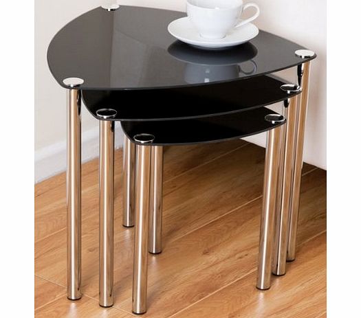 PRIME FURNISHING Nest of 3 Tables Trianglular Black Glass Tops with Chrome legs