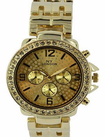 Prince NY London watch jewelled face with decorative dials stone set bezel metal strap - Gold