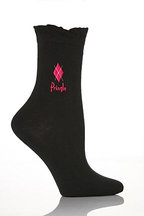 Ladies 2 Pair Pringle Kelly Argyle Embroidered Socks In 7 Colours Black