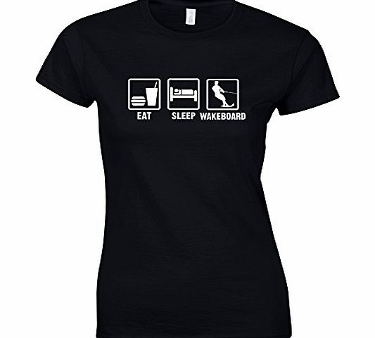 Print Wear Clothing Eat Sleep Wakeboard, Ladies Printed T-Shirt - Black/White L = 10-12