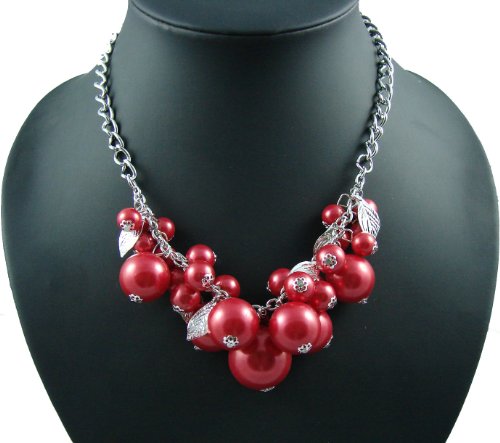 Pristina Statement Womens Vintage Fashion White Or Red Pearl Necklace Jewellery Costume (Red)