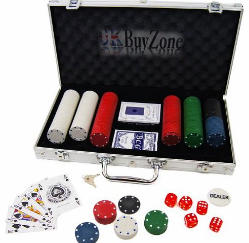 Poker Set 300 Chips 2x Card Decks, Dice, Dealer Button inc. Aluminium Carry Case