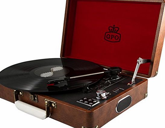 Protelx GPO Attache Briefcase Style Three-Speed Portable Vinyl Turntable with Built-in stereo speakers and Free USB Stick allowing instant digital conversion of vinyl - Vintage Brown