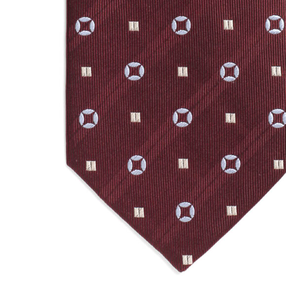Prowse and Hargood Burgundy & Gold Motif Woven Silk Tie