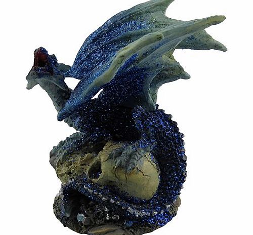 Puckator Mythical Gothic Fantasy Dragon Figure Ornament - Dragon on Skull - Blue - Small