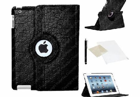 Black Crocodile Case for Apple iPad 2 / 3 / 4 (Retina Display) / PU Leather with 360 Degree Rotating Swivel Action for Portrait and Landscape Display by PulseTec Accessories / Free Screen Protector an