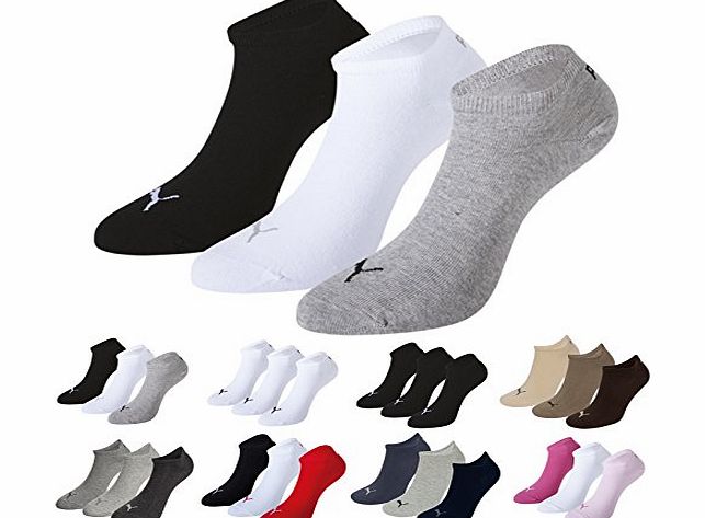 Puma Sports Socks - Unisex Invisible Sneakers 3P -Three Pair Packs Of Plain/Mix Black/White/Grey UK Size 6-8