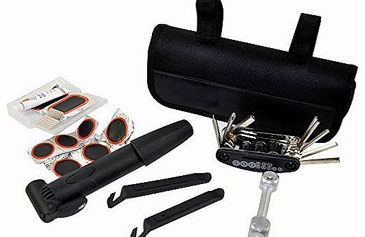 Puregadgets Bicycle All-in-one Tool Kit with Attachable Carry Bag Case with 18 function folding multi-tool, hexagon keys, square drive sockets, wrench, square drive blade, screwdrivers, hex. Adaptor,