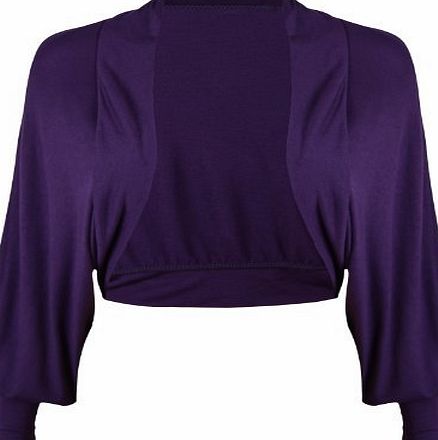 Purple Hanger Womens Plain Long Batwing Sleeve Ladies Cropped Front Open No Fastening Cardigan Stretch Shrug Bolero Top Plus Size Purple Size 20-22 (XXL)