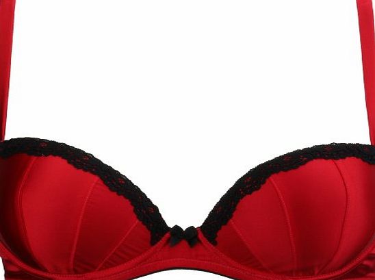 Quantum Intimates Red Silk Padded Plunge Bra Trimmed with Black Lace 38B