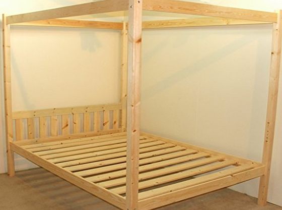 Four Poster Bed - 4ft 6 double solid natural pine 4 poster bed frame - Extra wide base slats with centre rail
