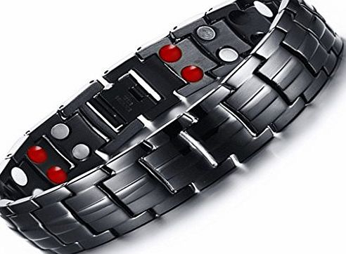 Rainso Mens Black Plated Titanium Steel Magnetic Bracelet Double Row Four Power Elements with Link Removal Tool