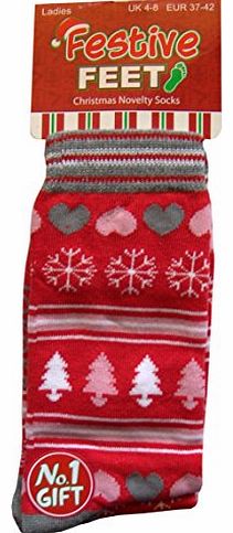 Ladies Festive Christmas Socks Available In a Variety Of Fun Designs (UK 4/8, EUR 37/42)(Red/Pink Fair Isle)