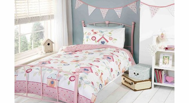 Rapport Childrens Girls Birdhouses Pink Duvet Cover Bedding Set, Multi, Double Size - Bedroom Bed Linen