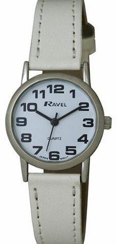 LADIES EASY READ WHITE WATCH WITH WHITE STRAP AND CROME CASE R0105.09.2
