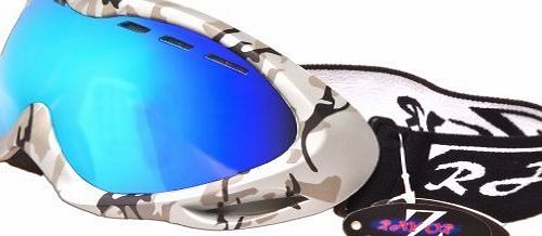 Rayzor 2013 Rayzor Professional UV400 Double Lensed Ski / SnowBoard Goggles, With a Silver Camouflage Frame and an Anti Fog Coated, Vented Blue Iridium Mirrored Anti-Glare Wide Vision Clarity Lens.