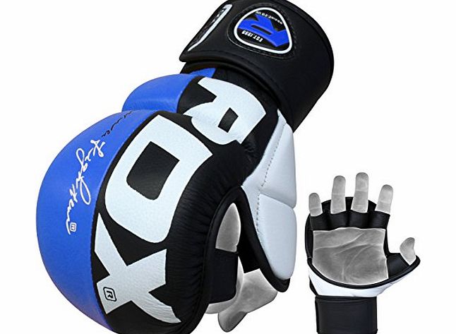RDX Authentic RDX Leather UFC MMA Grappling Gloves Fight Boxing Muay Thai Punch Bag Mitts Blue