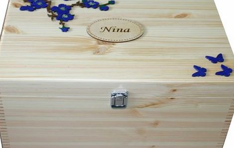 Reads Creations Personalised Natural Pine Extra Large Wooden Memory or Keepsake Boxes with Blue Flowers/Butterflies, Engraved Nameplate. Special Keepsakes or In Loving Memory Bereavement Box
