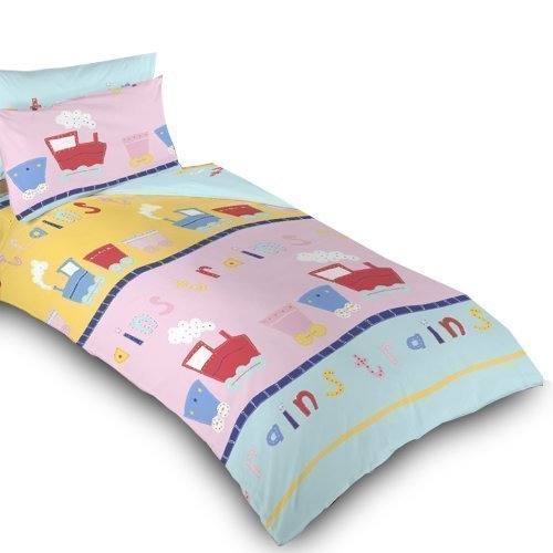 Childrens Single Bed Train Print Duvet Cover Set. Colour: Pink, Blue, Yellow with Colourful Train Design. Size: 135cm x 200cm