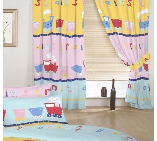 Childrens Train Print Set of Curtains with Tiebacks. Colour: Pink, Blue, Yellow with Colourful Train Design. Size: 66`` x 54``