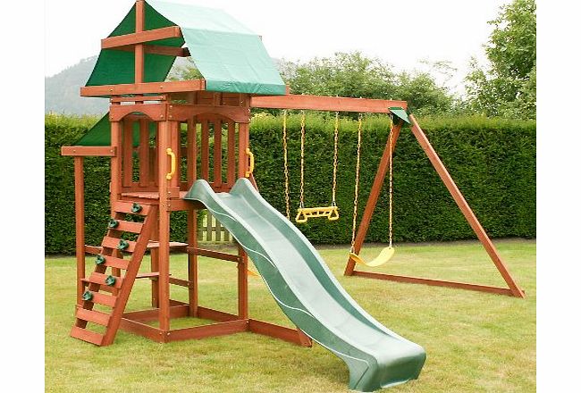 Rebo Rocky Climbing Frame Playcentre with Triple Swing, Slide, Rockwall and Picnic Table