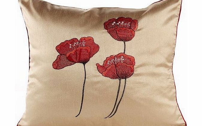 Red Rainbow Poppies Cream amp; Red Piped Faux Silk 18`` Cushion Cover
