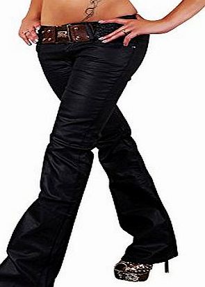 RED SEVENTY Sexy Womens Hipster Bootcut jeans wet look Black Belt Sizes UK 6-14 (Tag 38 M fits waist 28-29 inches ( 71-73.5 cm))