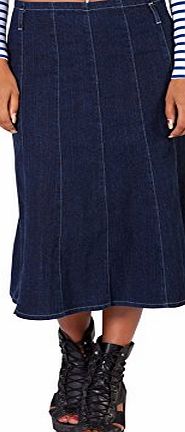 Regular Denim Indigo Blue Calf Length Denim Skirt Womens Flared Fashion Panelled Skirt (92IND)
