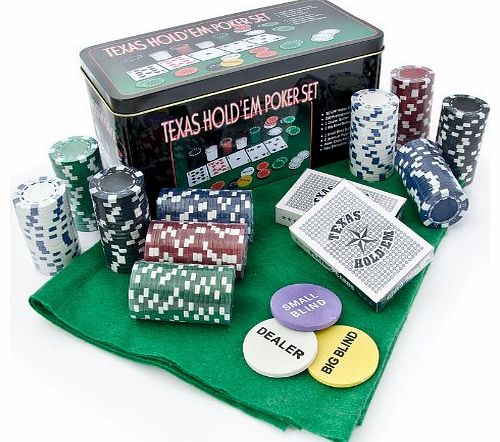 Poker Set Texas Holdem Game with 200 Chips and Board in Metal Box