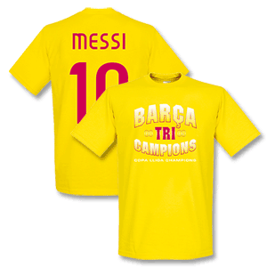2009 Barcelona Tri-Winners T-shirt - Yellow + Messi 10 *Delivery mid-June