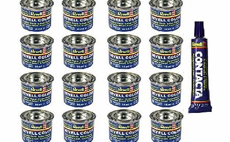 Revell Any 16 Revell Enamel Model Paints - 16 Tins of Revell Paint for Scale Modelling and 13g Tube of Contacta Glue - You Choose The Colours