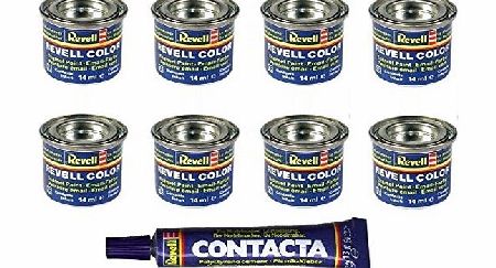 Revell Any 8 Revell Enamel Model Paints - 8 Tins of Revell Paint for Scale Modelling and 13g Tube of Contacta Glue - You Choose The Colours