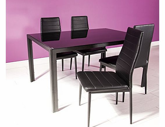 Houston Dining Set - Modern Black Glass Table and 4 Black Faux Leather Chairs