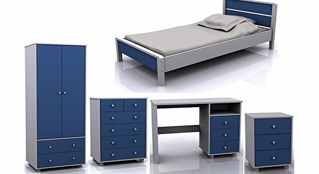 Right Deals UK Miami 5 Piece Blue White Children Bedroom Furniture Set - Bed, Wardrobe, Drawers, Dressing Table, Bedside