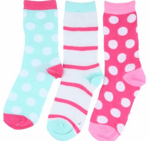  3 Pack Girls Spot & Striped Socks aqua, white & pink 12.5-3.5