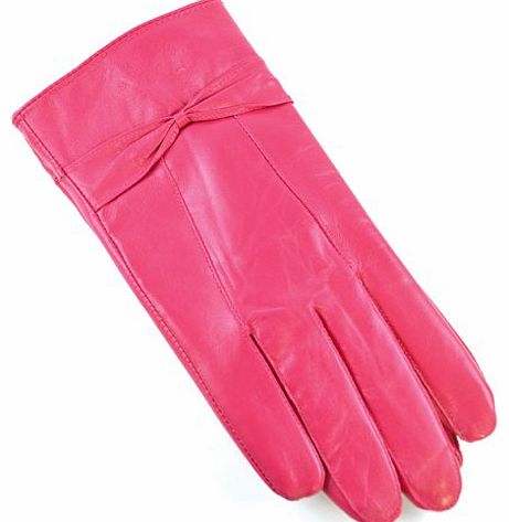  Ladies Lined Pink Sheepskin Leather Gloves With Bow Size M/L