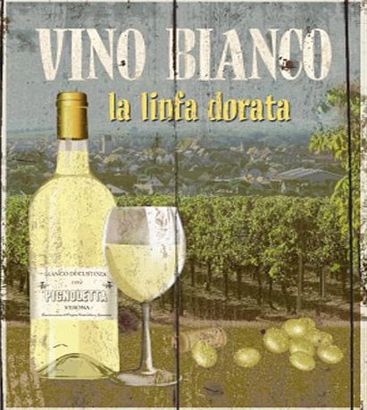 RKO Vino Blanco. White wine. Vineyard. Grapes. Image of painting on wooden board. Food and drink. Fridge Magnet