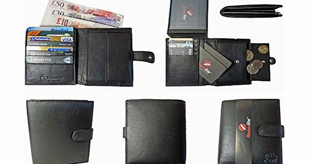 REAL Leather Mens Mans Jacket Coat Blazer Wallet Coin Pouch 11 Credit Cards Roamlite RL66 (Black NO Gift Box)