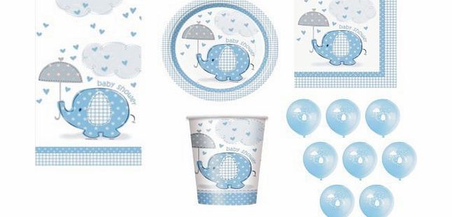 BLUE FOR BOY BABY SHOWER PARTY TABLEWARE PACK UMBRELLAPHANTS DESIGN NAPKINS PLATES CUPS TABLECOVER BALLOONS 57 ITEMS