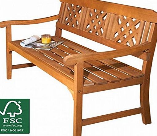 Robert Dyas 3 Seater Wooden Garden Bench, Quality All weather Eucalyptus Hardwood with brass-plated fittings. Certified by FSC (Forestry Stewardship Council). This Lovely Outdoor Furniture is perfect for a Conser