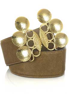 Tan leather wide belt with a hammered gold-tone butterfly buckle.
