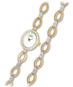 Rotary Ladies Gold Plated Stone Set Watch & Bracelet Set