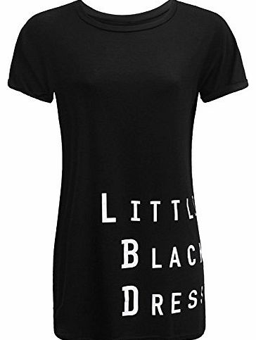 LADIES WOMEN LITTLE BLACK DRESS PRINT T-SHIRT DRESS TOP CELEB INSPIRED SIZE 8-14[Black ,S/M (8-10)]