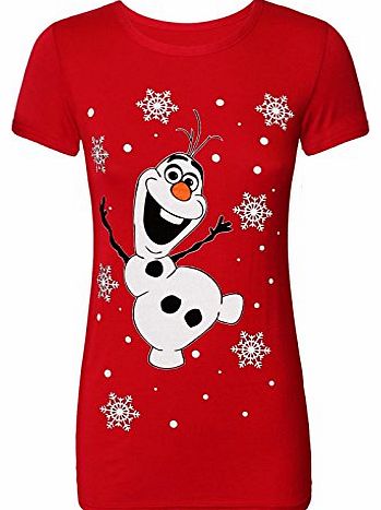 NEW WOMENS GIRLS OLAF FROZEN XMAS TOPS CHRISTMAS NOVELTY ROLL UP T-SHIRT SZ 8-14[Red Olaf,M/L (12-14)]