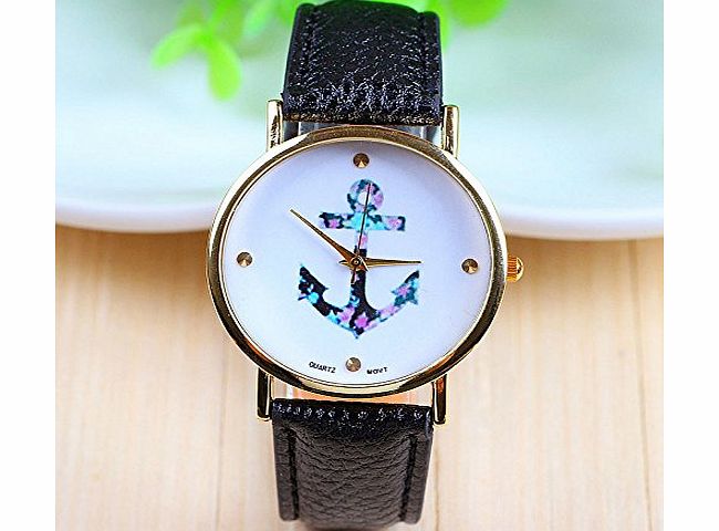 Top New Fashion Geneva Women Watch Flower Anchor Dial Rose Gold Bezel PU Leather Ladies Gift Accessory (black)