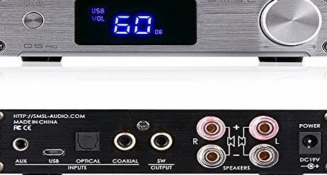 S.M.S.L SMSL Q5 Pro HiFi Integrated Mini Digital Stereo Audio 45WPC Pure Digital Amplifier AMP USB Coaxial Optical AUX Input   Aluminium Remote Control   Subwoofer Bass Output   Power Supply Adapter Silver