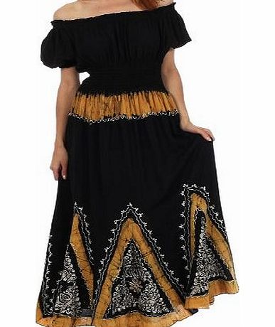Sakkas 1802 Batik Embroidered Peasant Dress - Black / Yellow - One Size