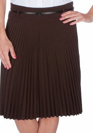 Sakkas FV3543 Knee Length Pleated A-Line Skirt with Skinny Belt - Brown / M