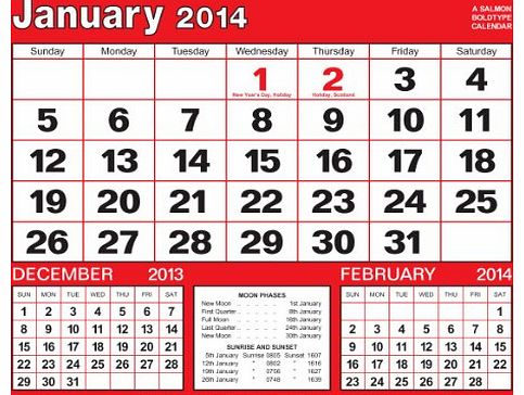 Salmon premium quality large boldtype black and red calendar 2014 three 3 months to view