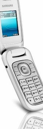 Samsung E1270 flip mobile phone in white on Orange pay as you go